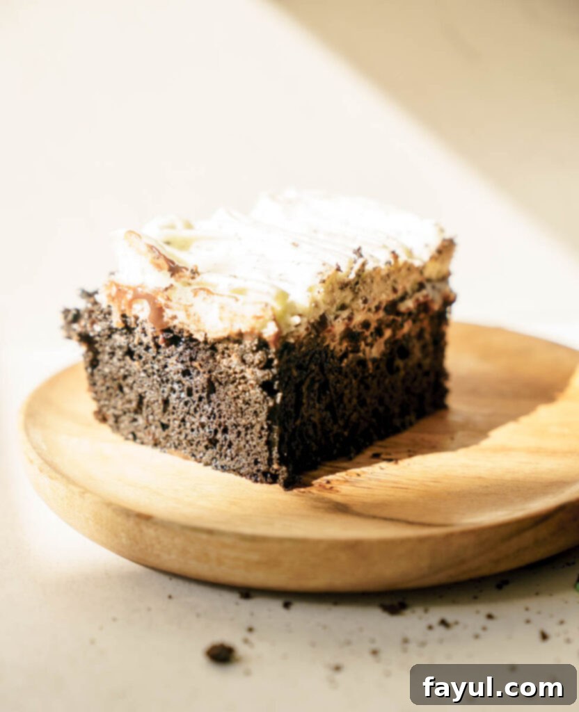 Slice of Grasshopper sheet cake showing rich dark chocolate cake, ganache, and mint Oreo frosting layers.