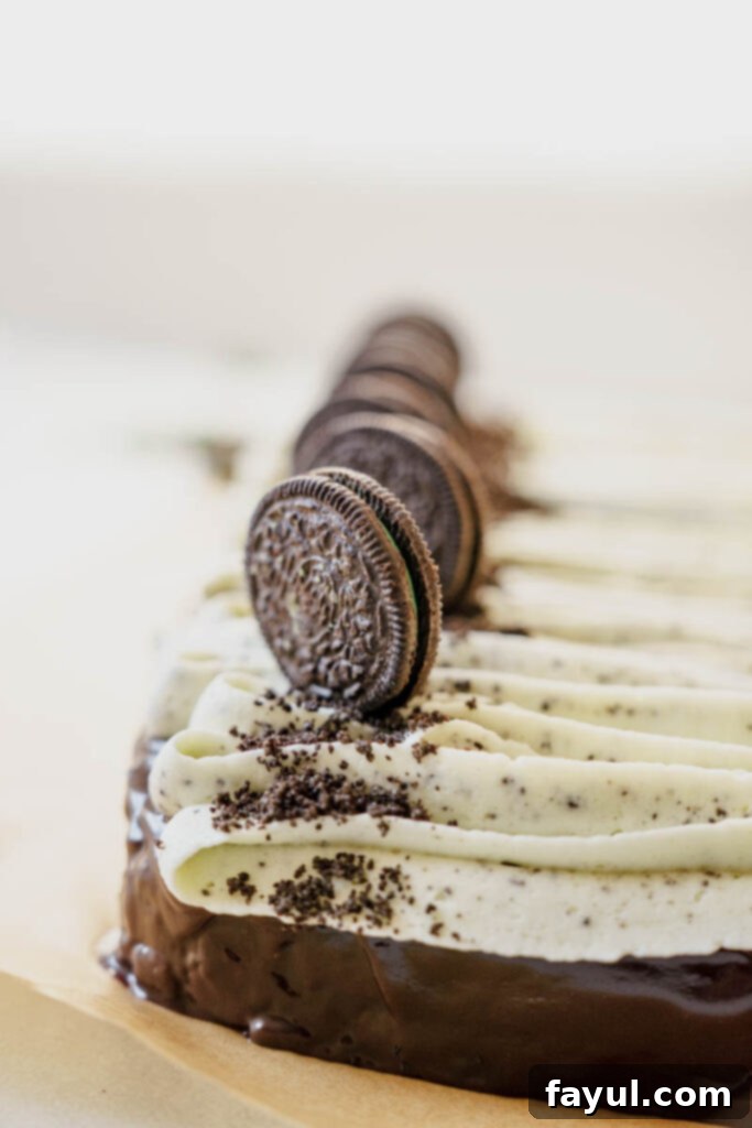 Close-up of the green mint Oreo buttercream on a Grasshopper cake.