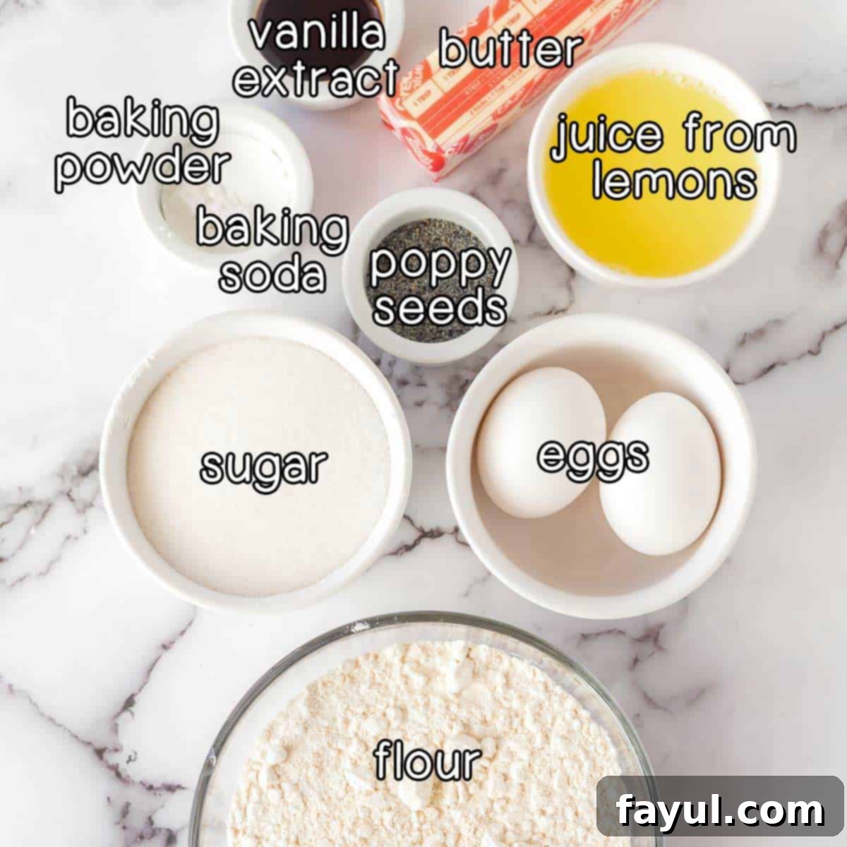 Overhead shot of ingredients - vanilla extract, butter, juice from lemons, baking powder, baking soda, poppy seeds, sugar, eggs, and flour.