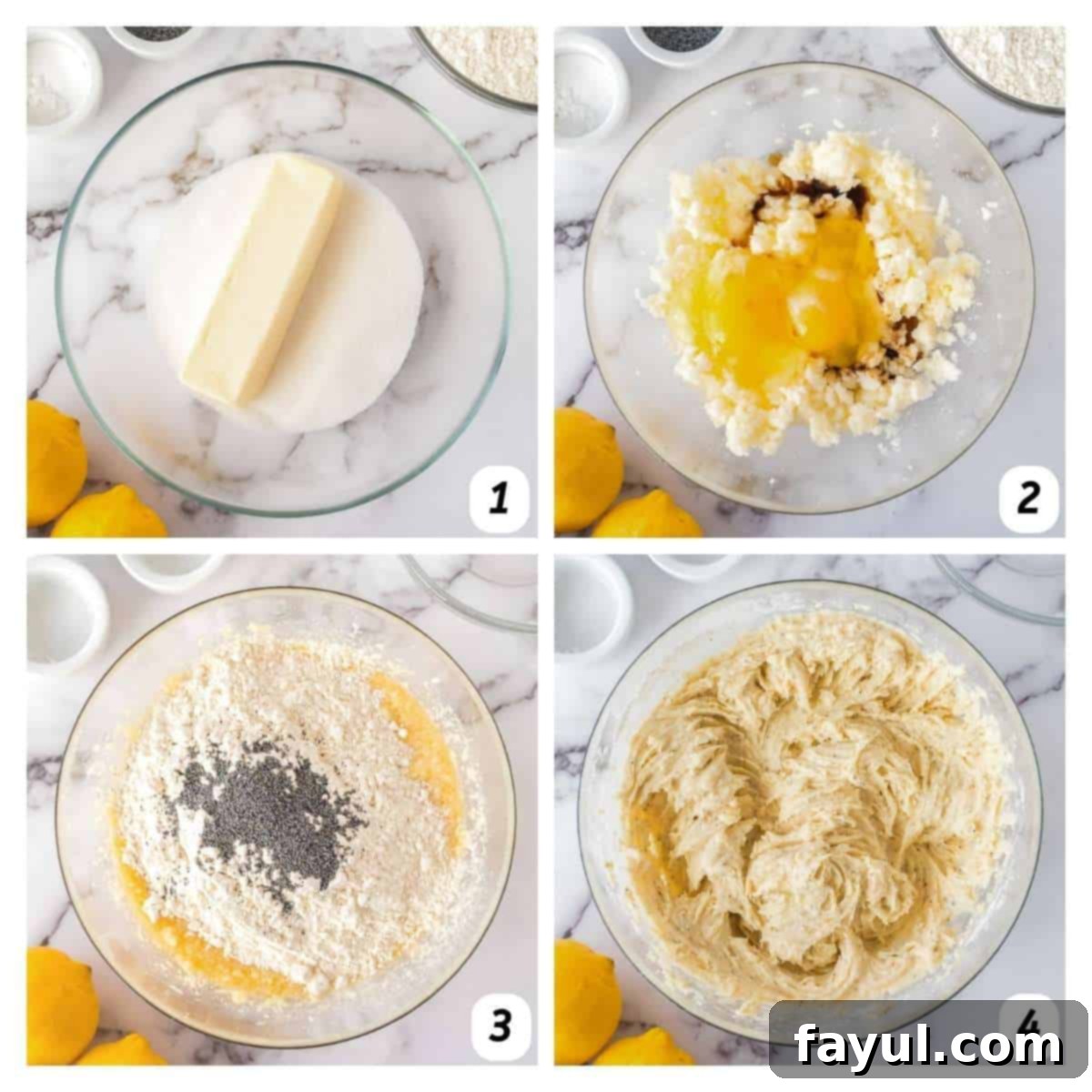 Four panel grid of process shots 1-4 - creaming together wet ingredients and adding dry ingredients gradually.