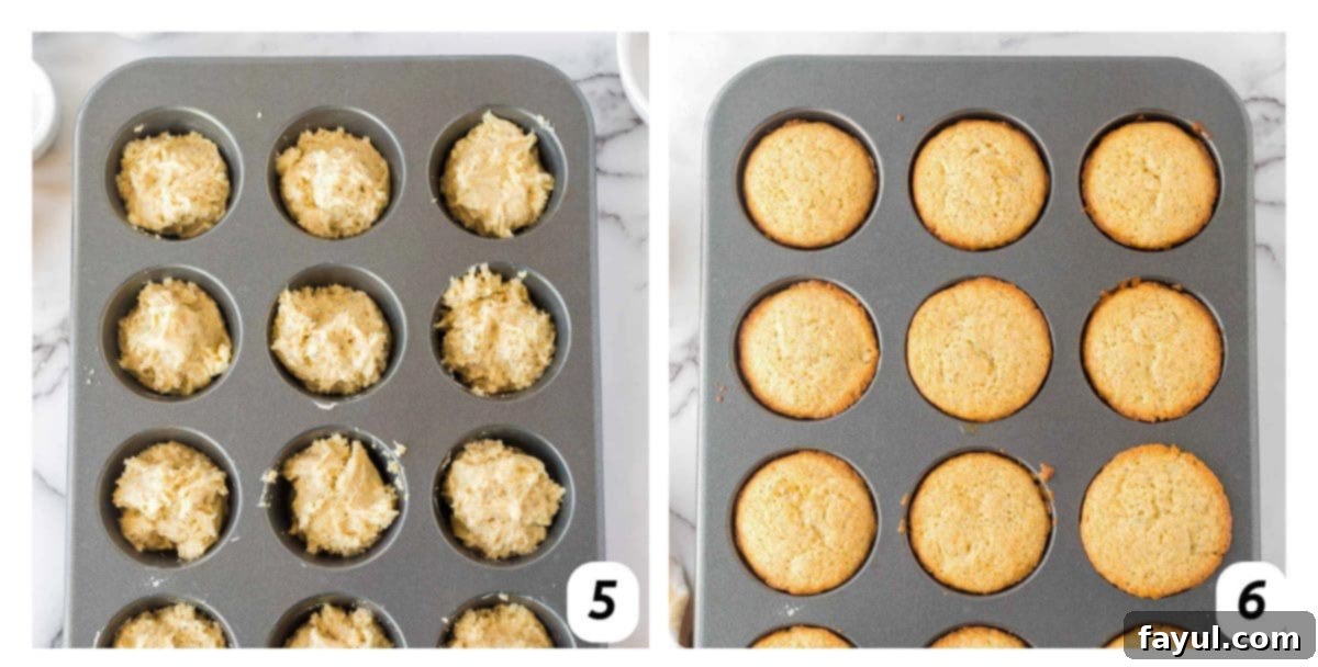 Two panel grid of process shots 5-6 - placing dough in muffin tins and baking in the oven.