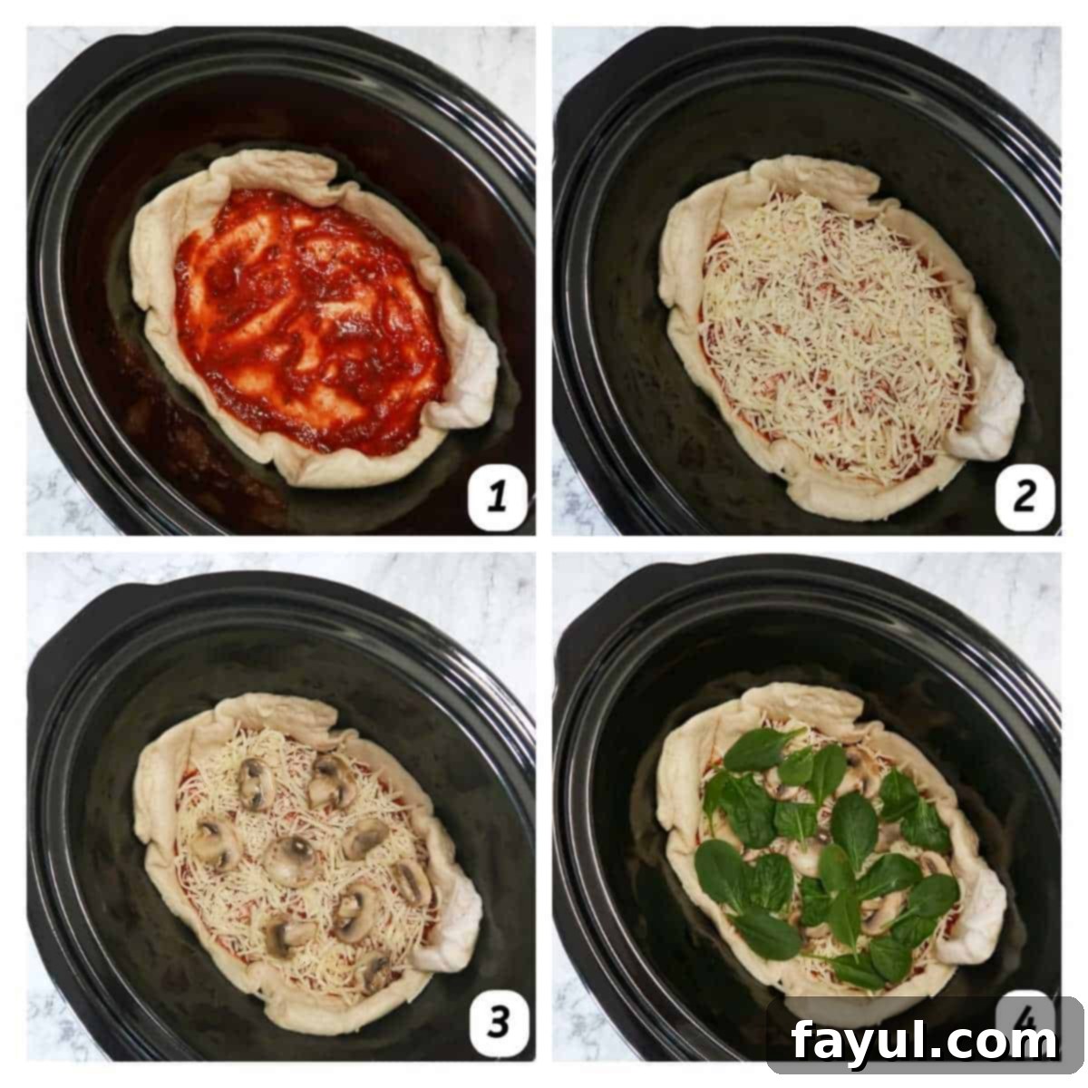 Four panel grid of process shots 1-4 - assembling pizza in crock pot.