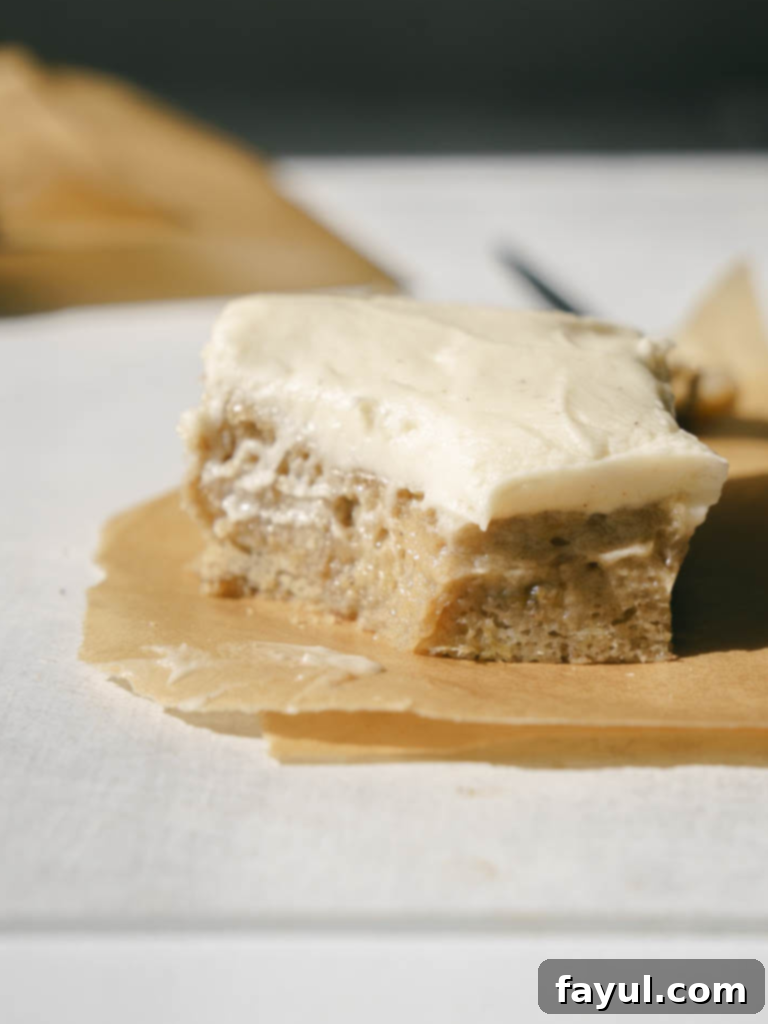 Deliciously moist banana snack cake with vanilla bean cream cheese frosting