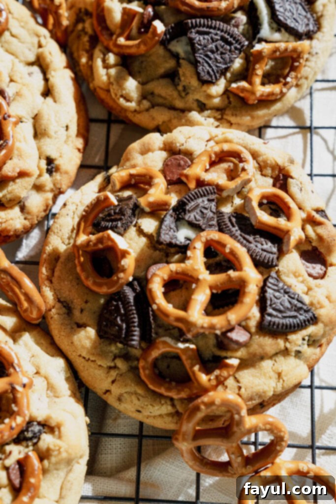 Peanut Butter Oreo Pretzel Cookies on a cooling rack