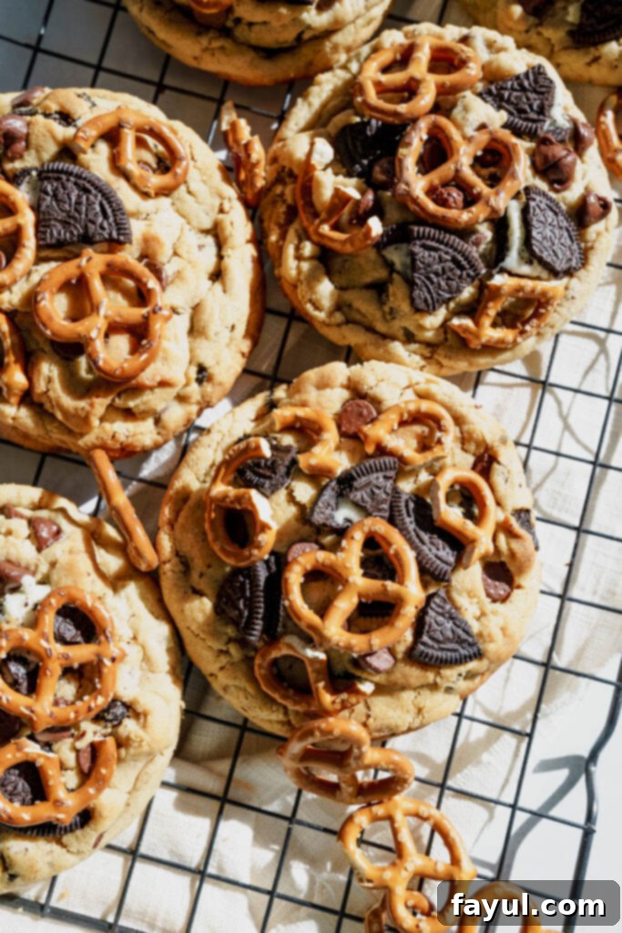 Stack of freshly baked Peanut Butter Oreo Pretzel Cookies