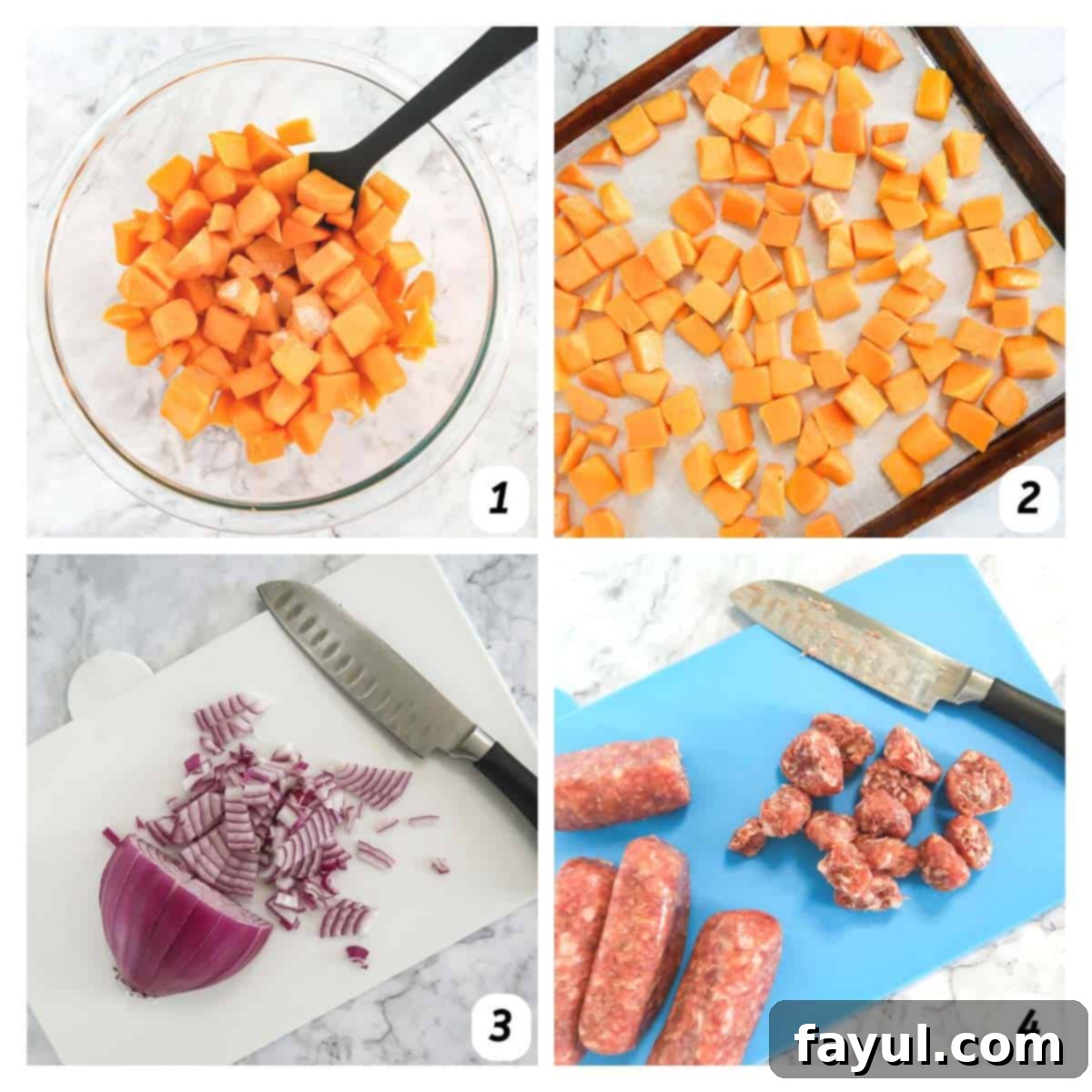 Four panel grid of process shots 1-4 - prepping vegetables and sausage.