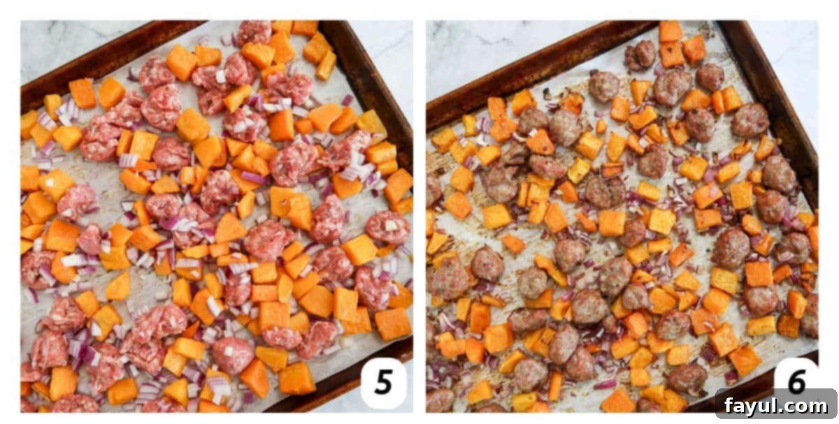 Two panel grid of process shots 5-6 - placing vegetables and sausage on a baking sheet with parchment paper and baking.