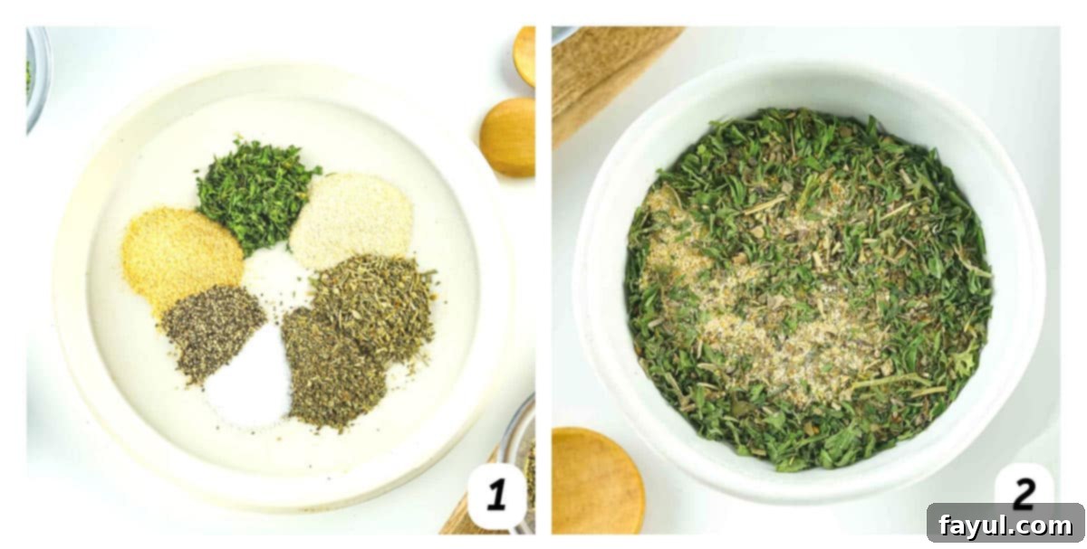 Two panel grid of process shots - combining spices together and storing in an airtight container.