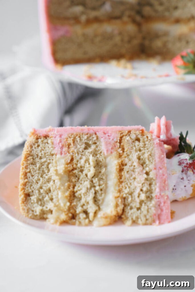 Close up of a slice of S'mores Strawberry Cake