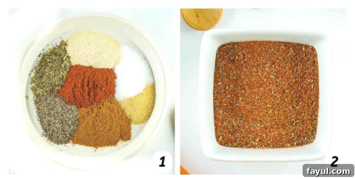 Two panel grid of process shots showing spices being combined in a bowl and then stored in an airtight jar.