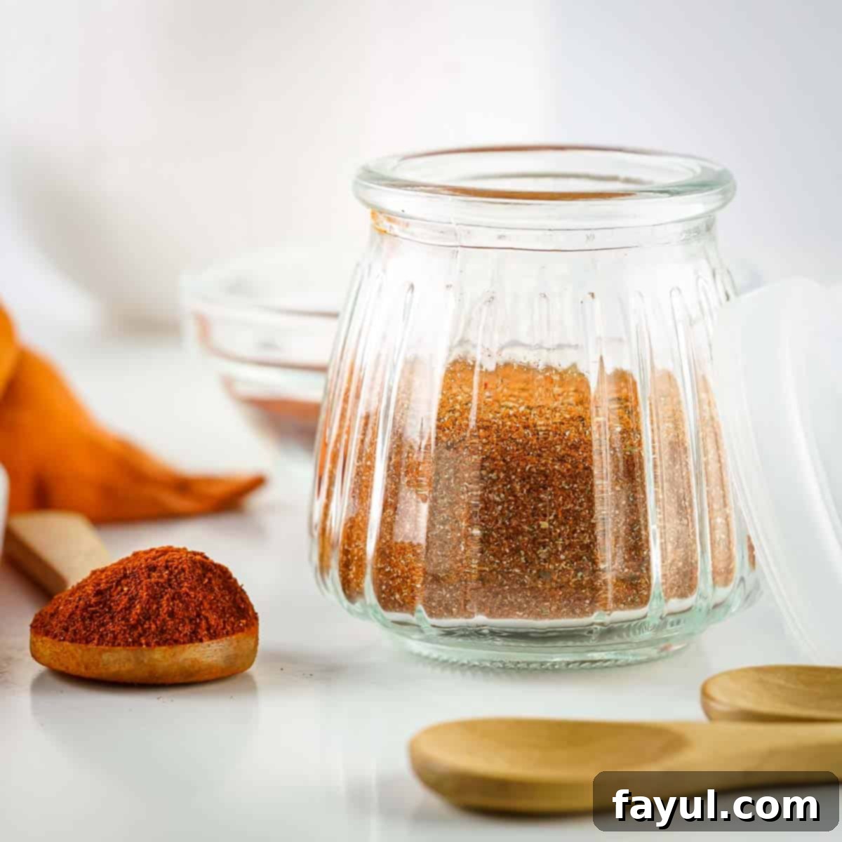 Side shot of blackened seasoning in a clear glass jar with wooden spoons, one containing paprika, all on a clean white surface.