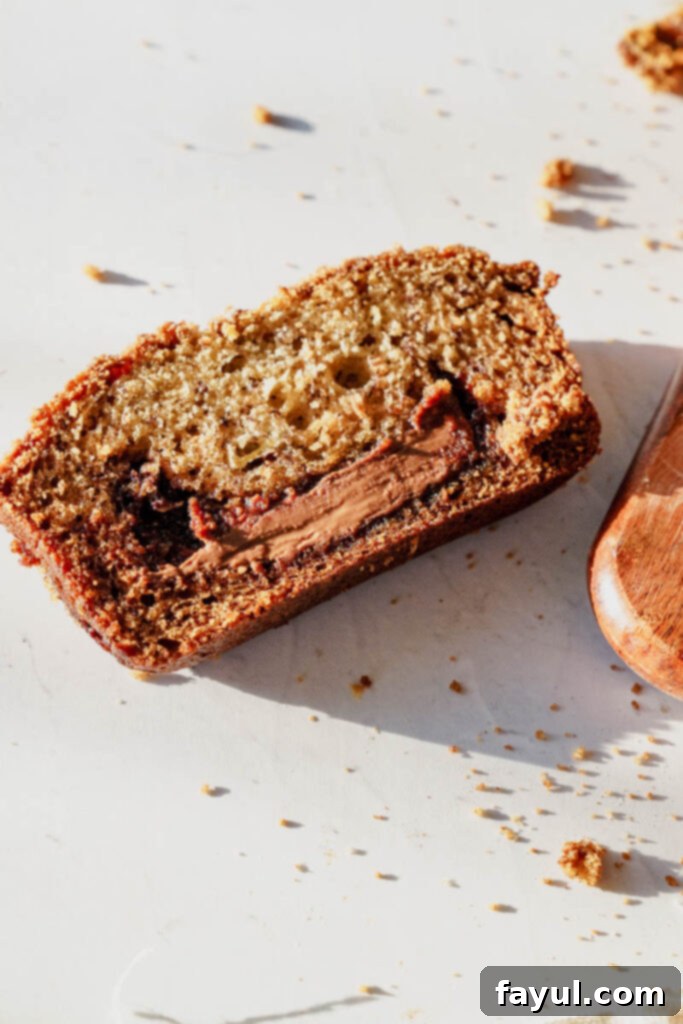 Another view of a whole Nutella banana bread loaf, ready for slicing or storage.