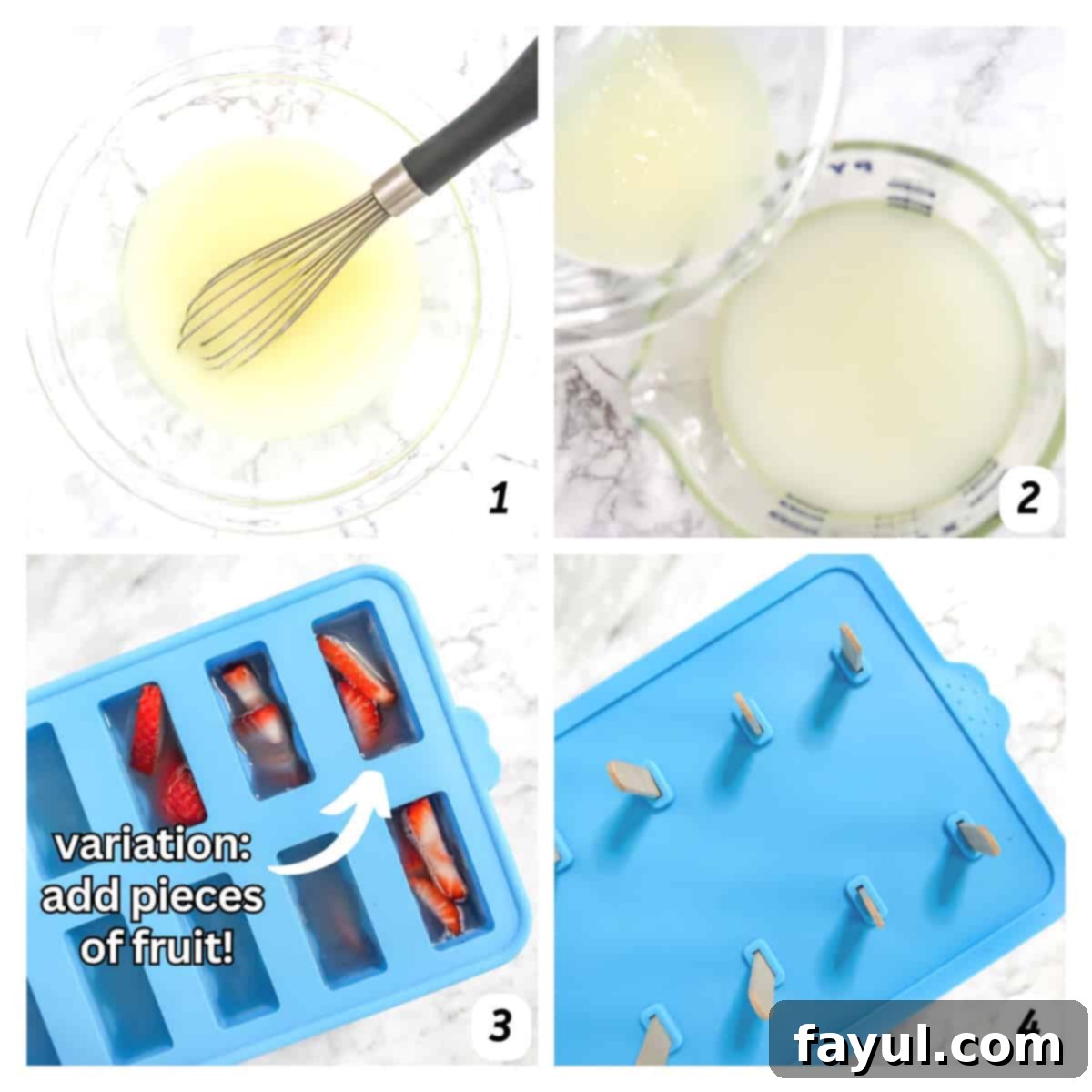 Four panel grid of process shots 1-4 - mixing together ingredients, pouring into popsicle molds, and freezing.