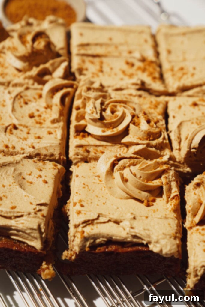 Close-up of frosted Biscoff Snack Cake slice
