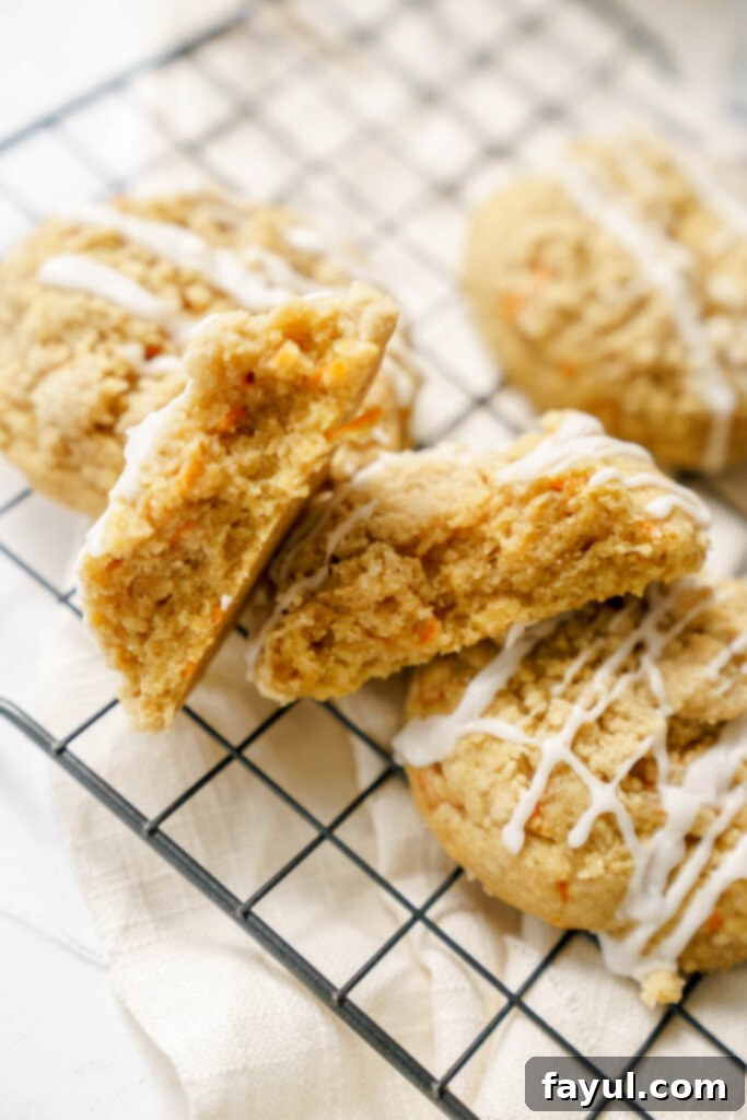Close up of a Carrot Crumb Cookie, showing the crumb topping and soft interior