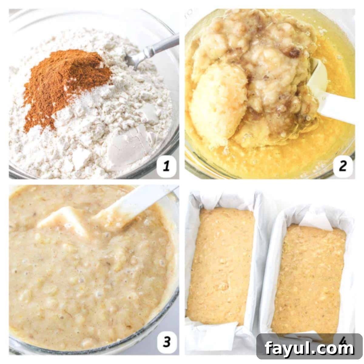 Four panel grid of process shots - combining dry and wet ingredients separately, combining the two mixtures, placing in loaf pans, and baking.