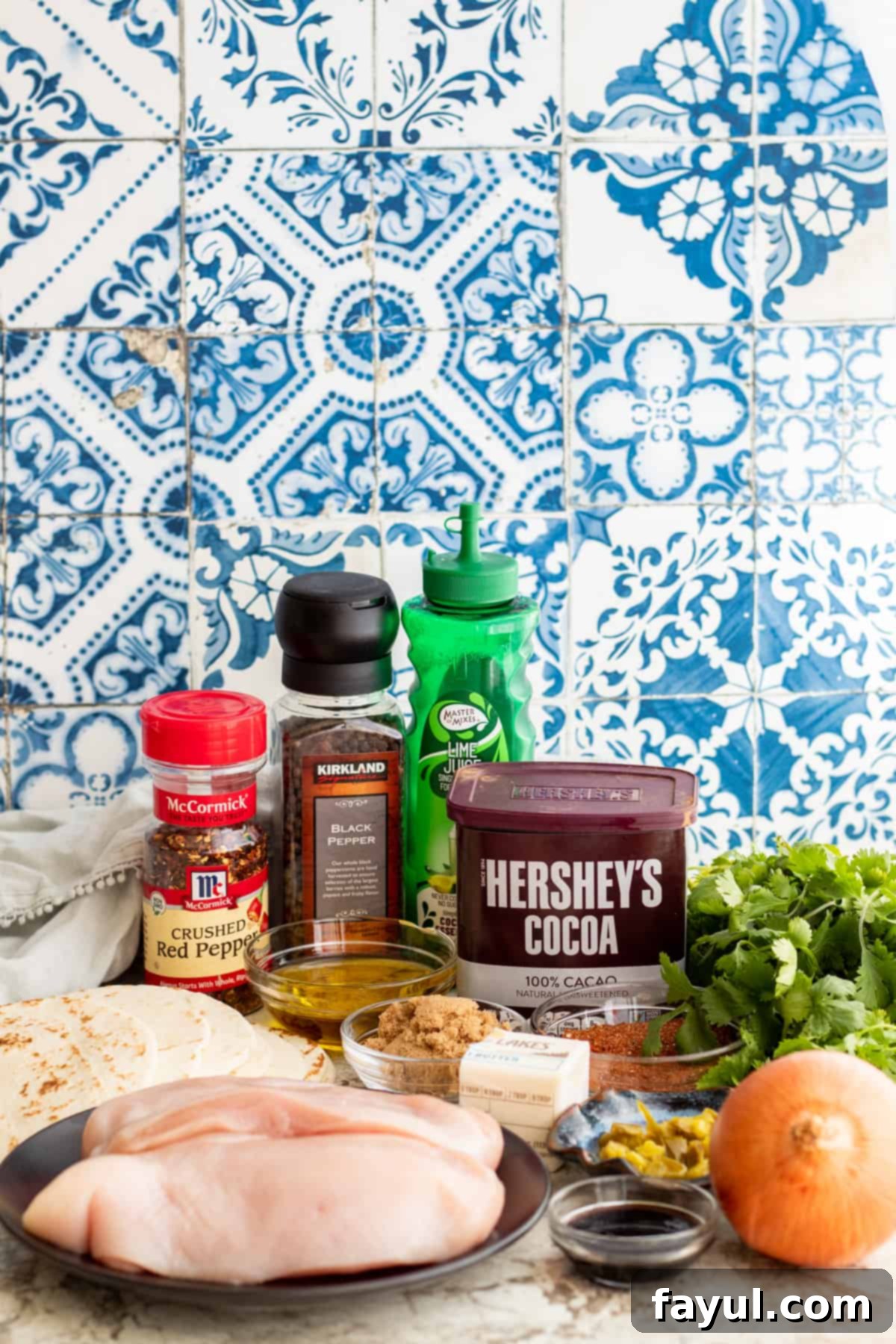 Grilled tacos ingredients laid out on counter in containers and small bowls.