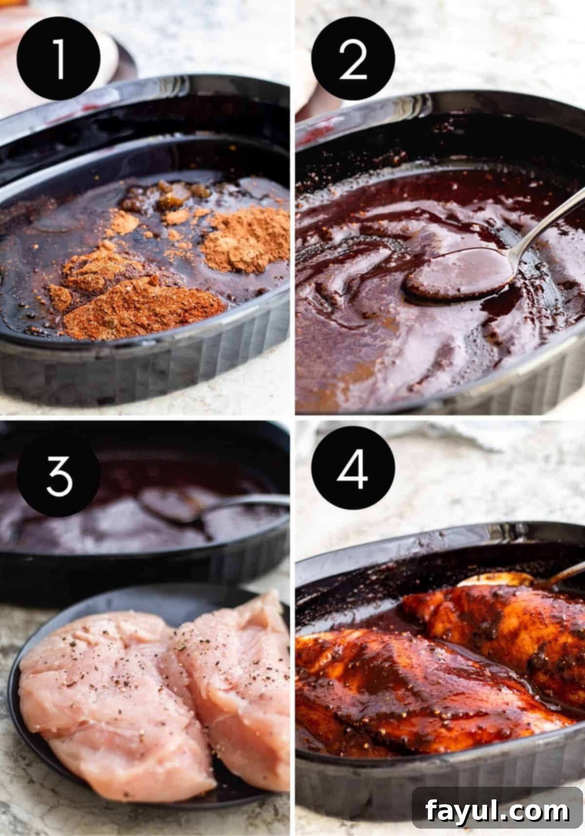 Four prep image collage showing taco marinade being made the coated on chicken.