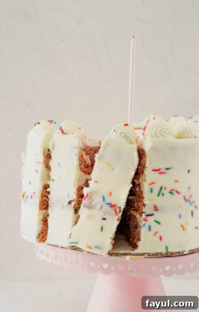 Close-up of Strawberry Funfetti Cake layers and frosting