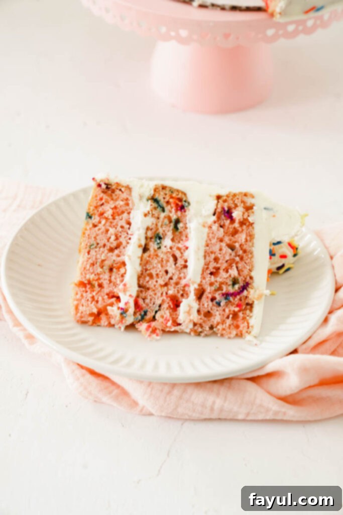 Slice of Strawberry Funfetti Cake on a plate
