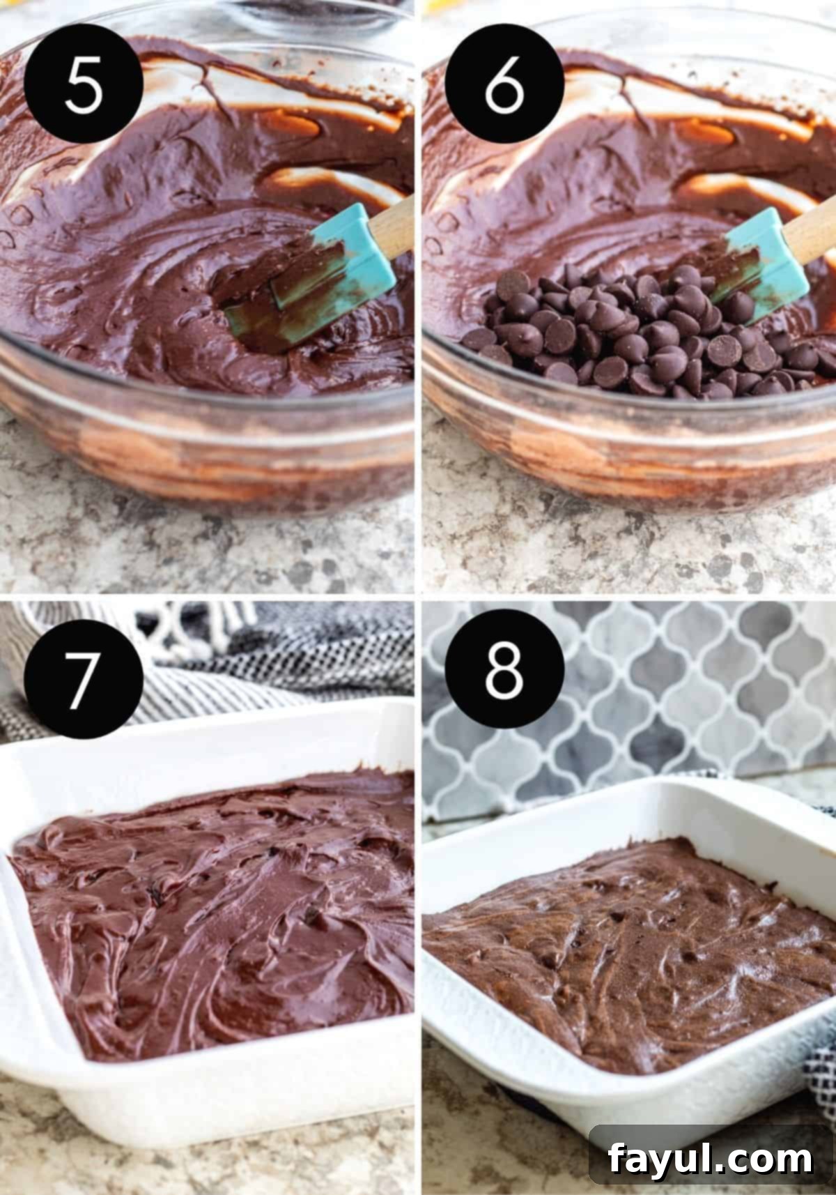 Four prep image collage showing end of brownie prep and baking brownies in white pan.