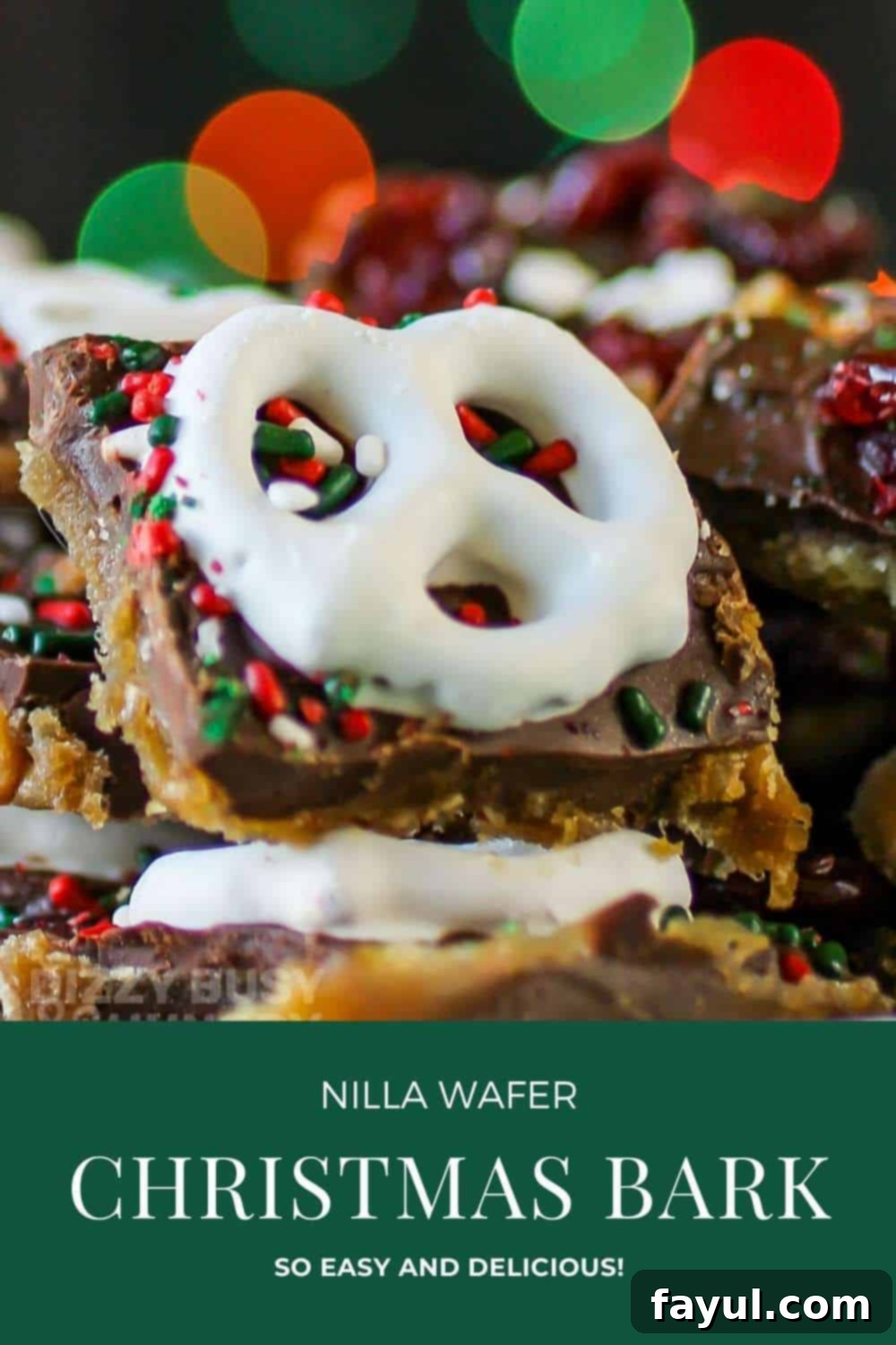 Close up shot of festive Christmas bark pieces, sprinkled with holiday colors, arranged on a white plate with soft, twinkling Christmas lights in the background, highlighting its delicious texture and visual appeal.