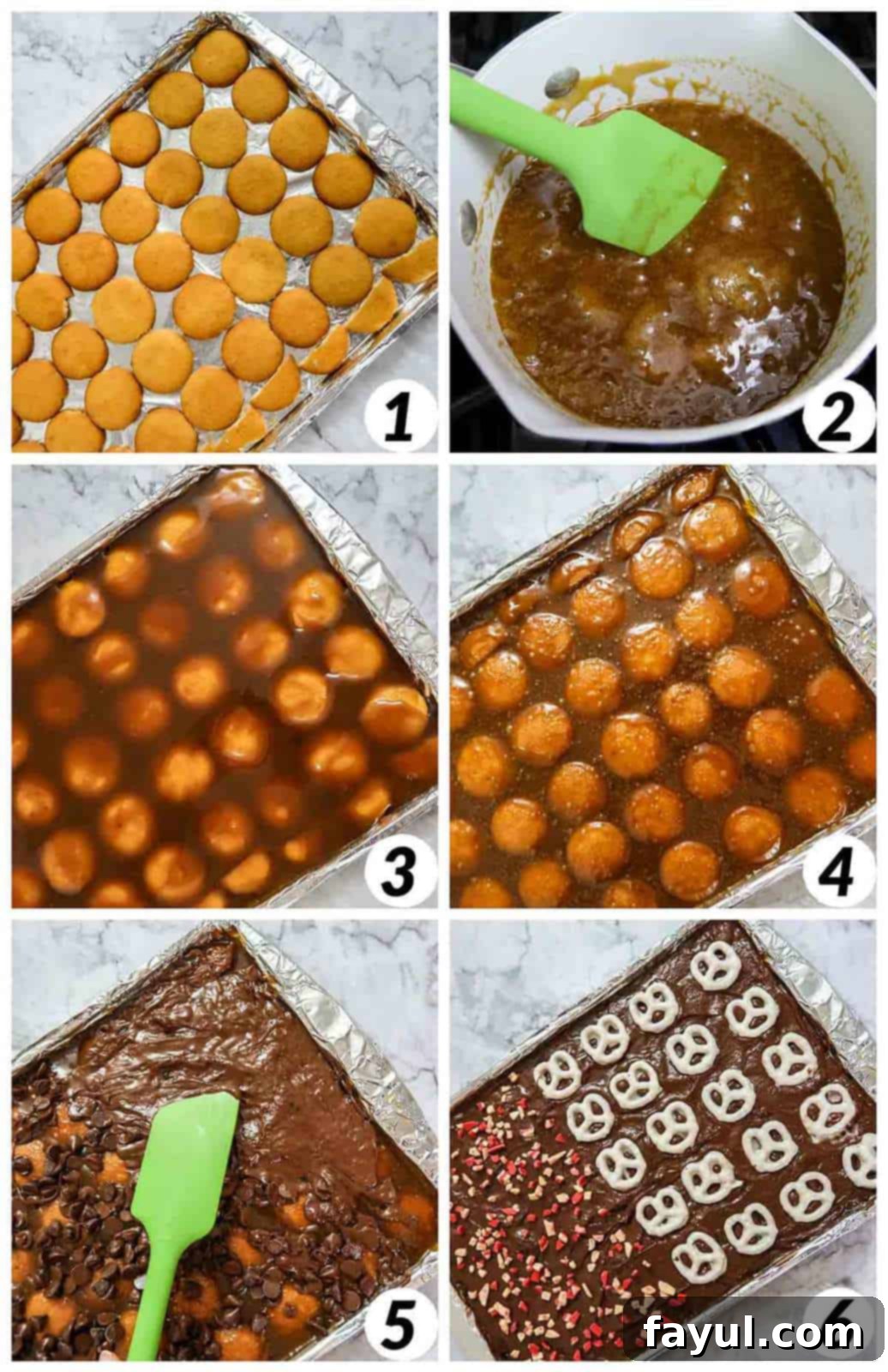 Six-panel collage showing the process of making Christmas bark: lining a pan, arranging wafers, boiling butter and sugar, pouring mixture, sprinkling chocolate, and adding toppings before chilling.