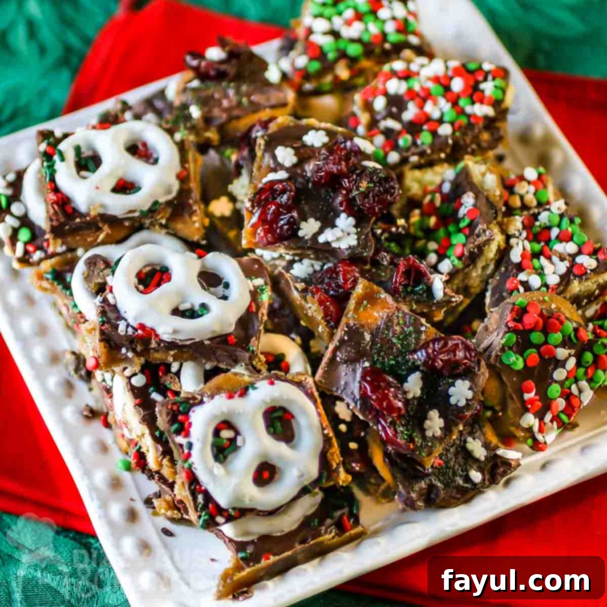 Overhead shot of various Christmas bark pieces with different toppings, arranged on a white square plate set on a festive red and green cloth, showcasing its holiday appeal.