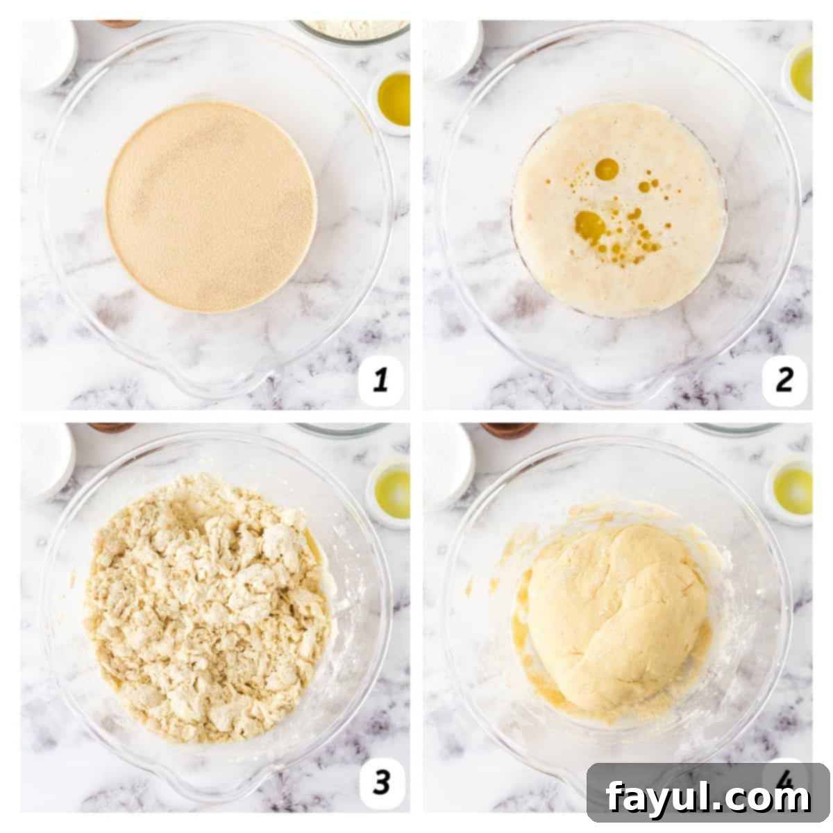 Four panel grid of process shots 1-4 - combining yeast, water, sugar, olive oil, and honey to form dough.