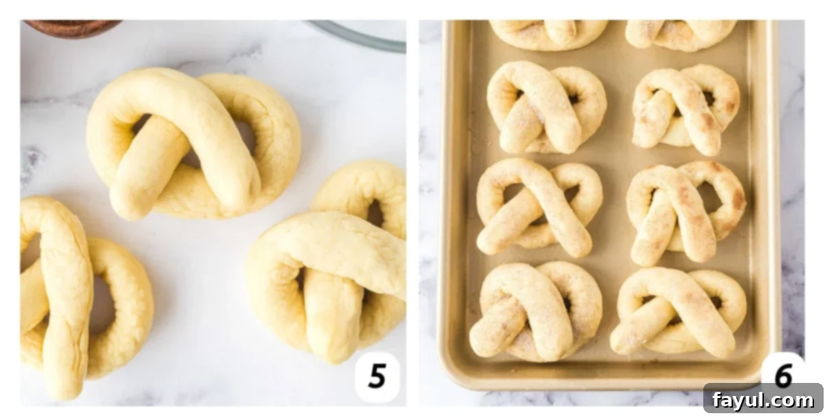 Two panel grid of process shots 5-6 - rolling dough, forming pretzel shape, and arranging on baking sheet to bake.