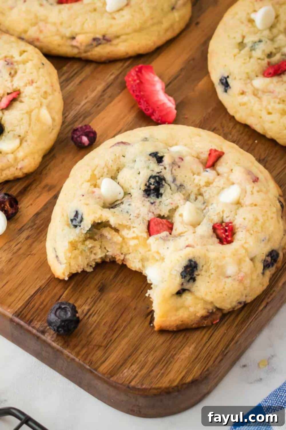 Side shot of multiple red, white, and blue cream cheese cookies, one with a bite taken out, arranged on a rustic wooden cutting board with freeze-dried fruits scattered around for decoration. The cookies are soft, chewy, and studded with colorful fruit pieces and white chocolate.