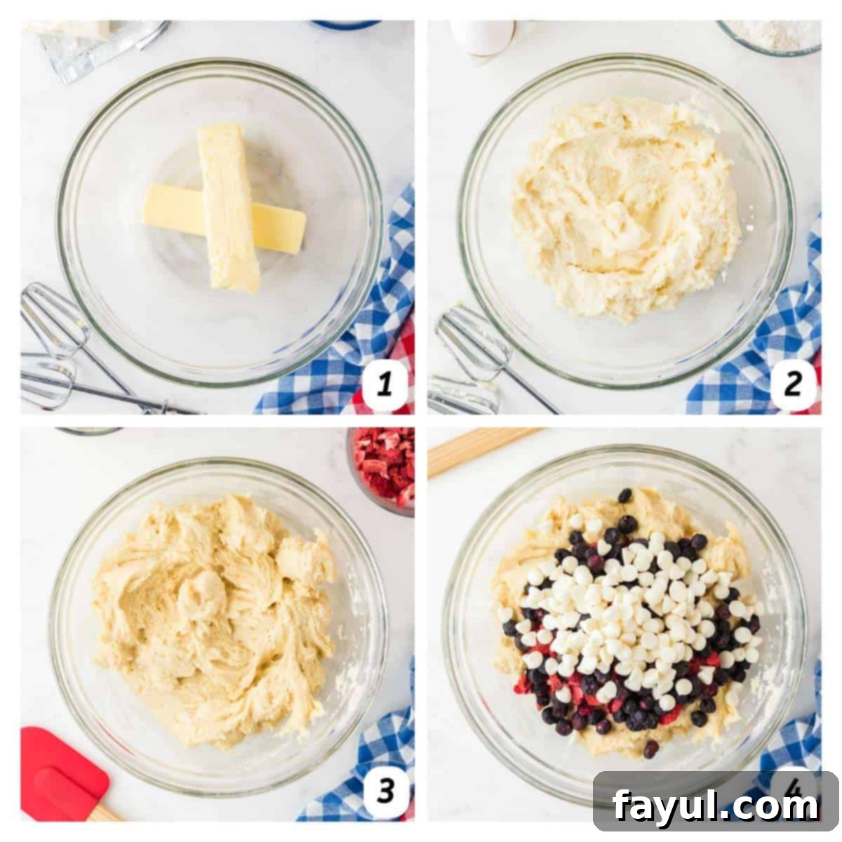 A four-panel grid showing the step-by-step process of making cookies: 1. Creaming butter, cream cheese, and sugar together in a bowl. 2. Incorporating eggs and vanilla. 3. Mixing dry ingredients separately. 4. Combining wet and dry mixtures, then folding in the dried fruits and white chocolate chips.
