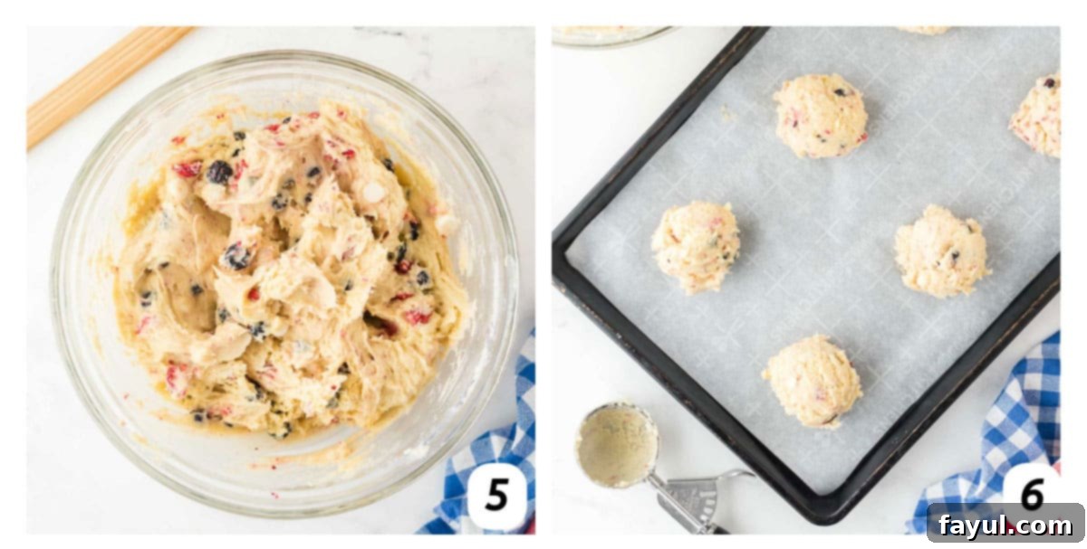 A two-panel grid illustrating the final steps of cookie preparation: 5. The cookie dough resting in the fridge. 6. Scooped cookie dough portions on a baking sheet, ready for baking in the oven.