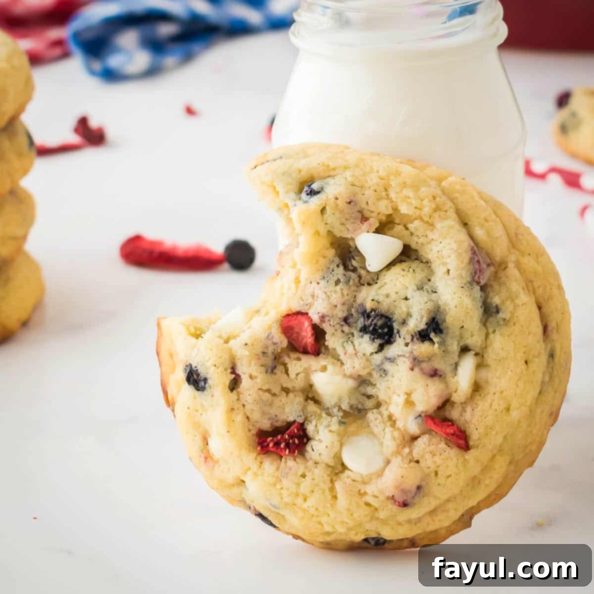 Close-up side shot of a single cream cheese cookie with a bite taken out, leaning against a clear glass jar filled with an assortment of colorful freeze-dried fruits in the blurred background. The cookie is soft, chunky, and inviting.