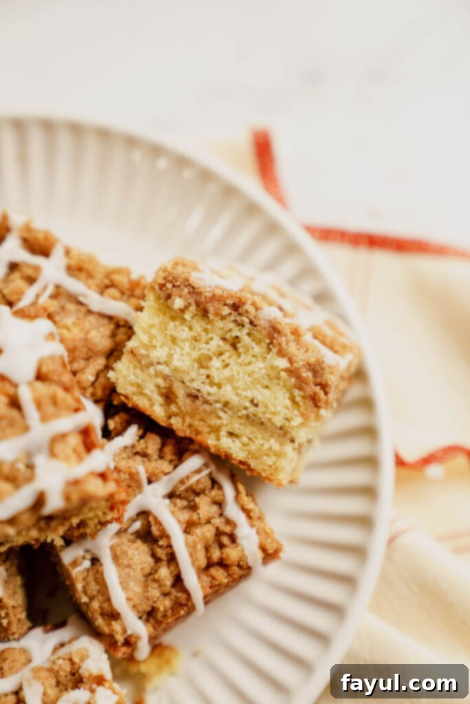 Close-up of a slice of coffee cake showing layers and streusel