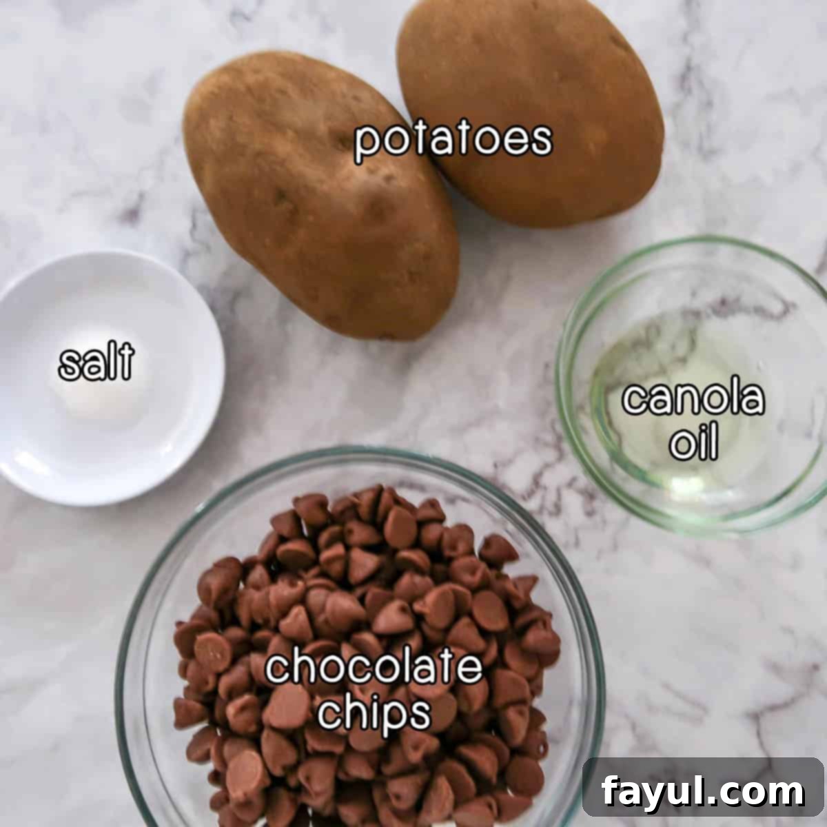 Overhead shot of ingredients including potatoes, sea salt, canola oil, and chocolate chips, neatly arranged.