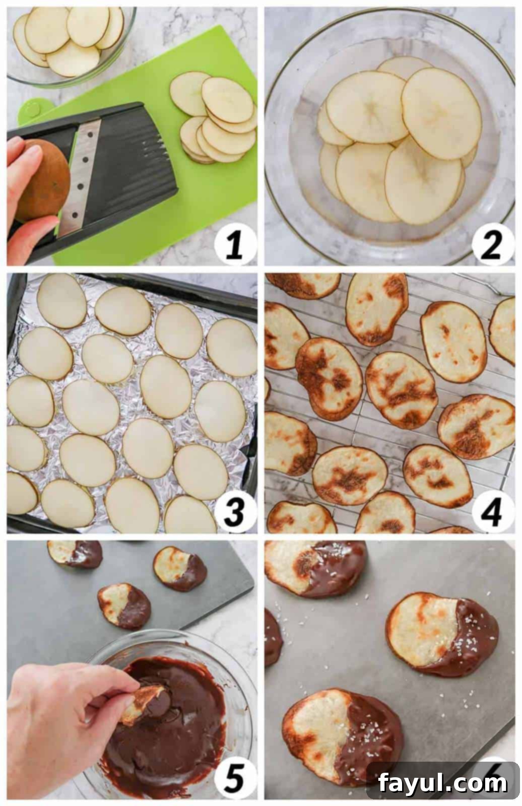 Six-panel collage of process shots showing potatoes being sliced, baked until golden, and then dipped into melted chocolate.