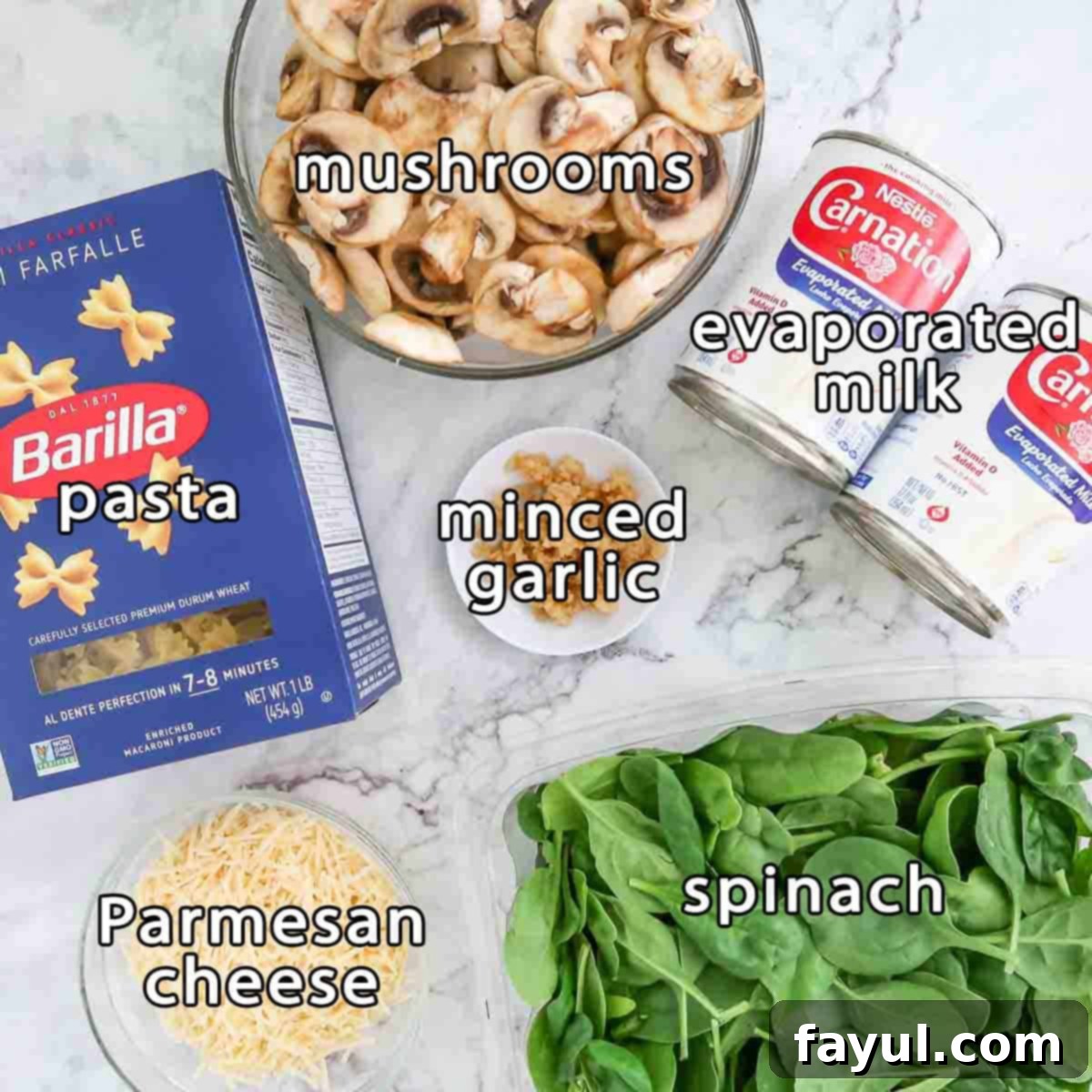 Overhead shot of all six ingredients laid out on a wooden table: uncooked pasta, sliced mushrooms, evaporated milk, minced garlic, a block of Parmesan cheese, and fresh baby spinach.