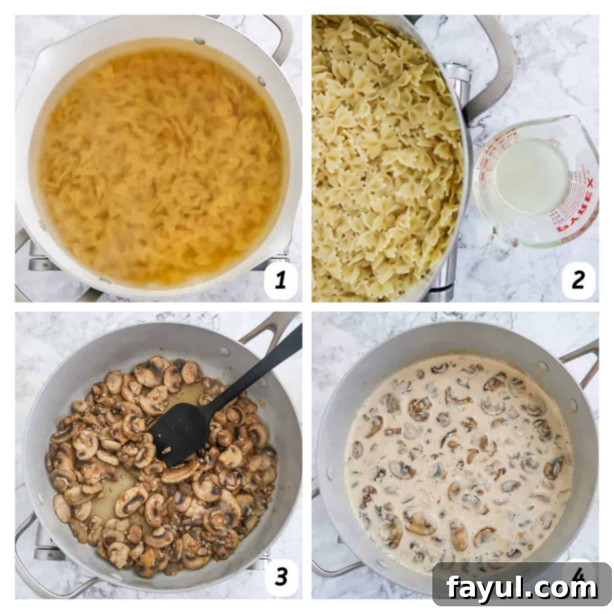 A four-panel grid showing the process steps 1-4: 1. Pasta boiling in a pot. 2. Sliced mushrooms sautéing in a skillet. 3. Minced garlic added to the sautéing mushrooms. 4. Evaporated milk being poured into the skillet with mushrooms and garlic.