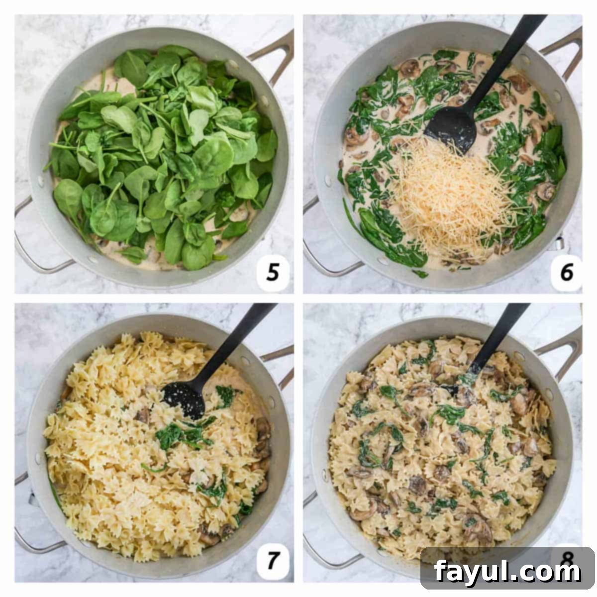 A four-panel grid showing the process steps 5-8: 5. Baby spinach wilting in the skillet with the mushroom sauce. 6. Grated Parmesan cheese being stirred into the sauce. 7. Cooked pasta added to the skillet. 8. The pasta and sauce being tossed together until fully coated.