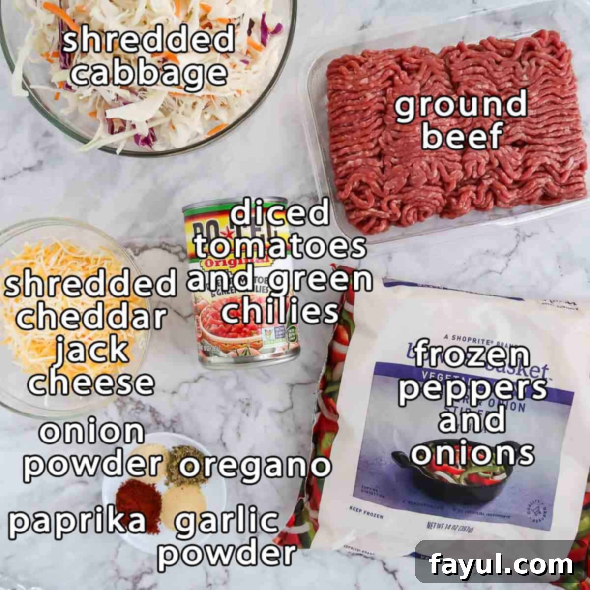 Overhead shot of ingredients for One-Skillet Stuffed Cabbage Casserole: shredded cabbage, ground beef, frozen peppers and onions, diced tomatoes and green chilies, shredded cheddar jack cheese, onion powder, oregano, paprika, and garlic powder.