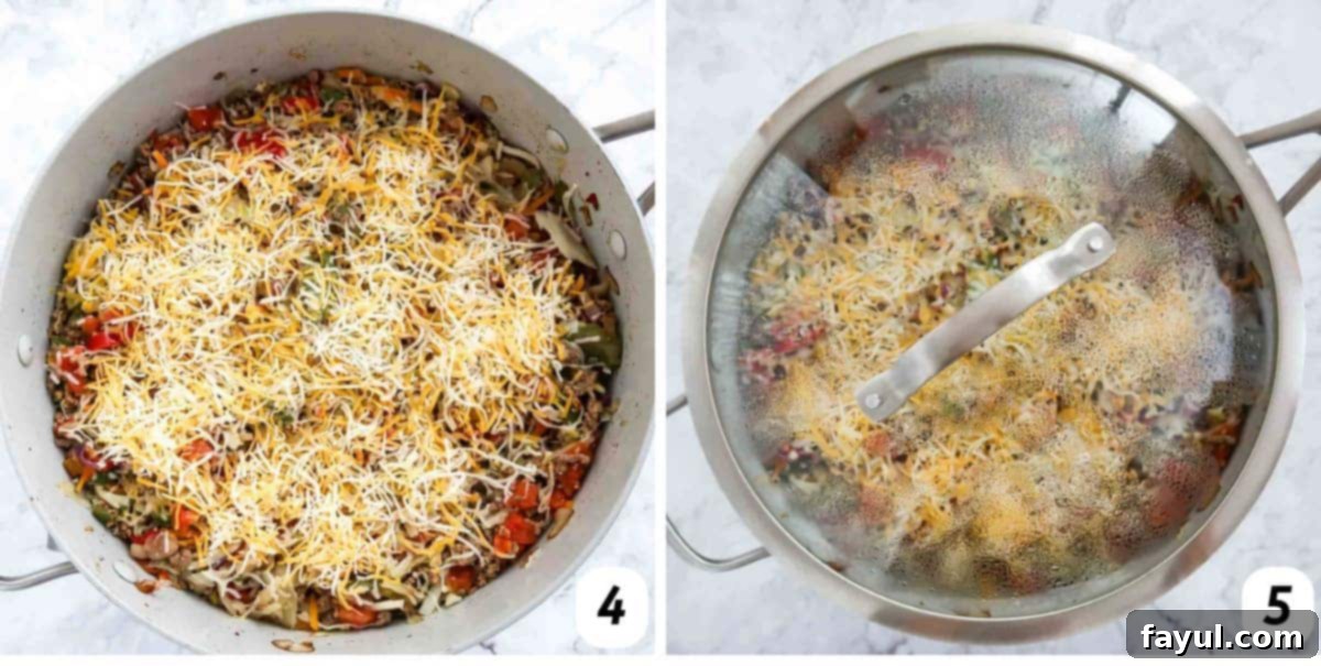 Two panel grid showing the final steps of making the cabbage casserole: 4. Mixing cabbage into meat and adding shredded cheese. 5. Covering to melt the cheese.