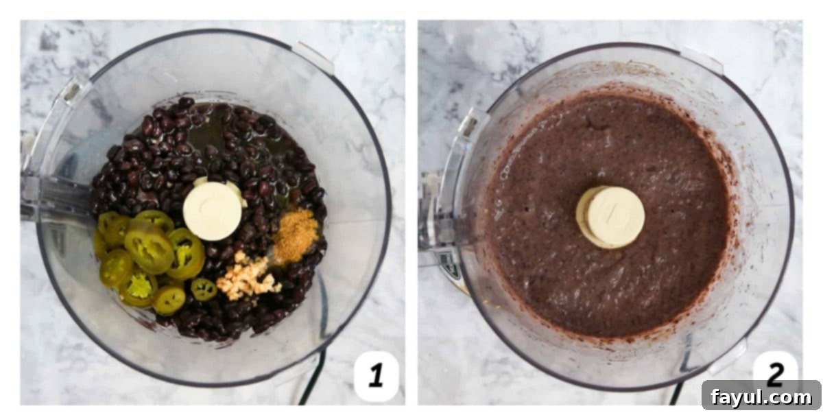 Two panel grid of process shots - combining all ingredients together and blending with a food processor.
