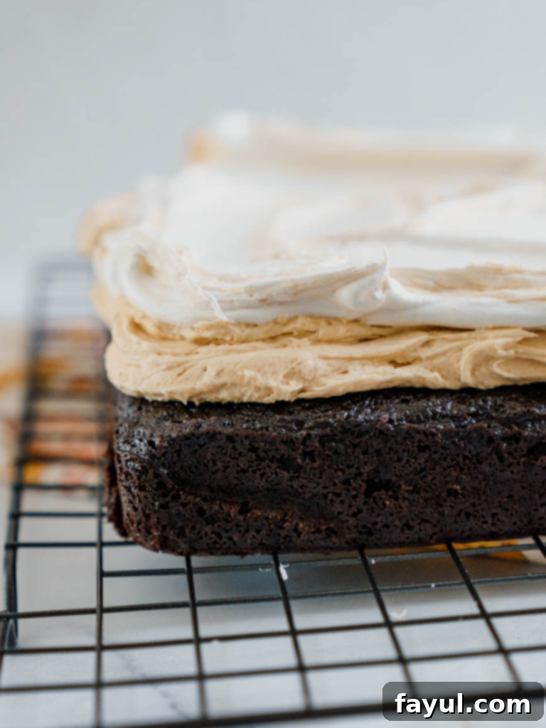 Delicious Chocolate Peanut Butter Marshmallow Snack Cake with three layers of dark chocolate cake, peanut butter frosting, and marshmallow fluff