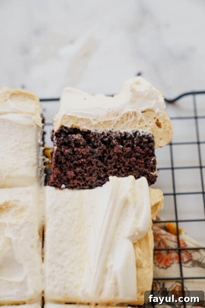Sliced chocolate peanut butter marshmallow snack cake showing all three delicious layers