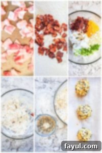 Step-by-step prep image for cheese balls showing mixing, rolling, and coating with seasoning.