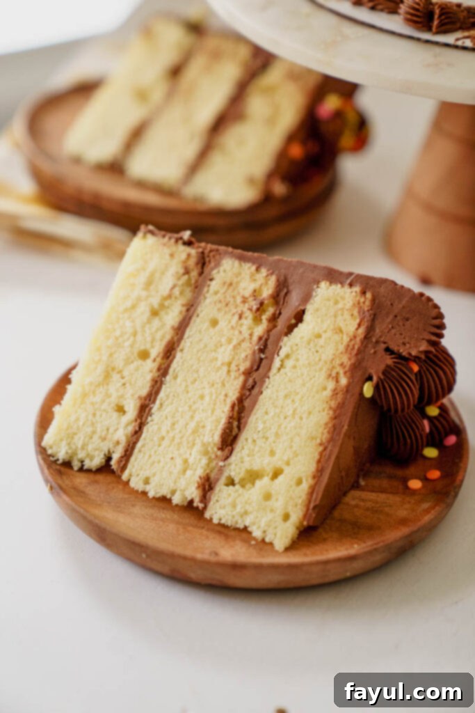 Two slices of yellow cake with chocolate frosting, one on a white plate