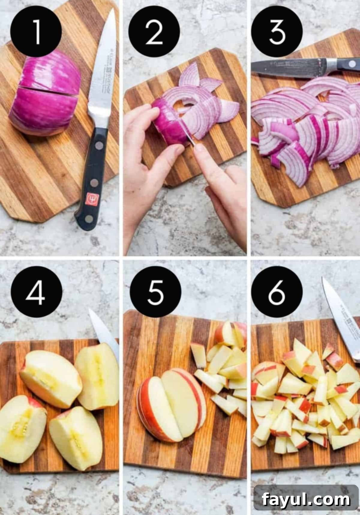 Orchard Greens with Honey Balsamic Drizzle 3 Prep image collage showing apple and red onion being sliced with knife.