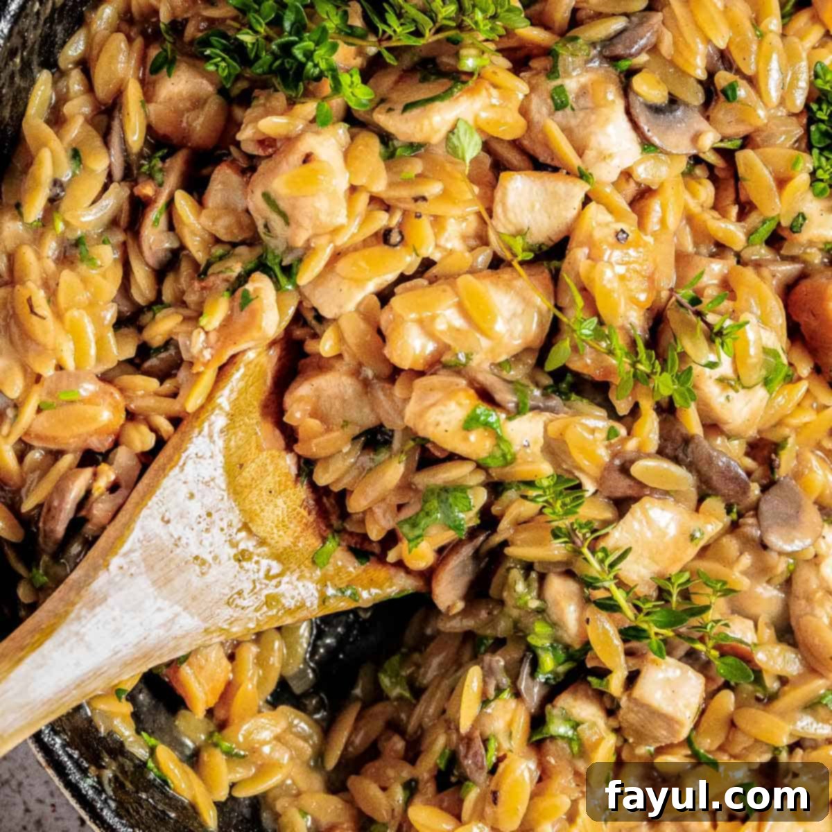 Close up shot of a serving of creamy chicken mushroom orzo pasta garnished with fresh herbs in a skillet with a wooden spoon, ready to be dished out.