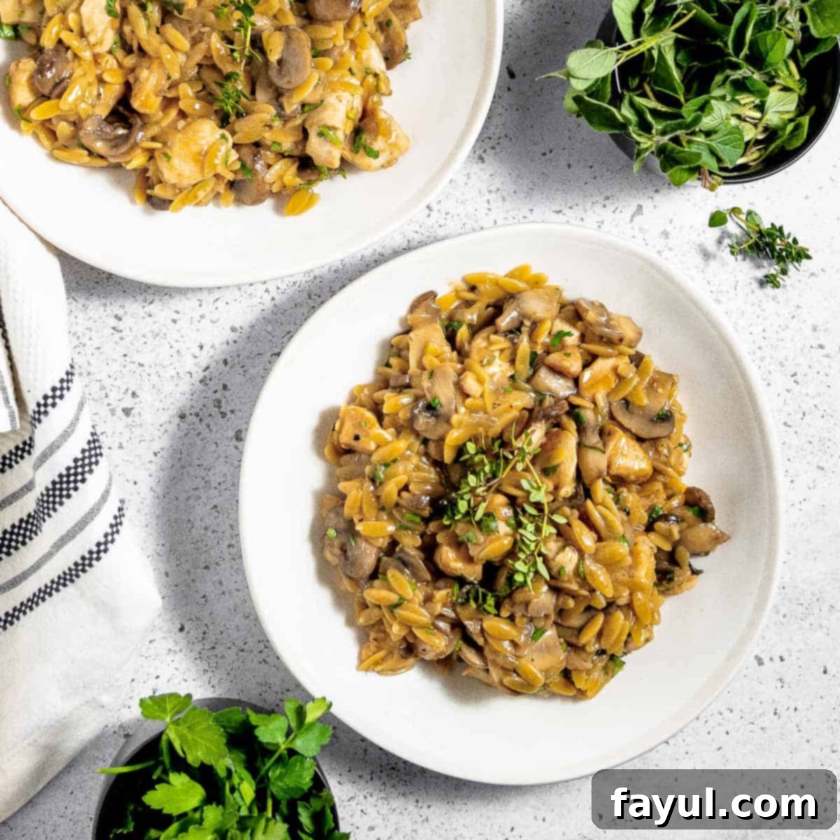 Overhead shot of creamy orzo pasta garnished with fresh herbs on a white plate, placed on a white marble surface, with small baskets of fresh herbs on the side.